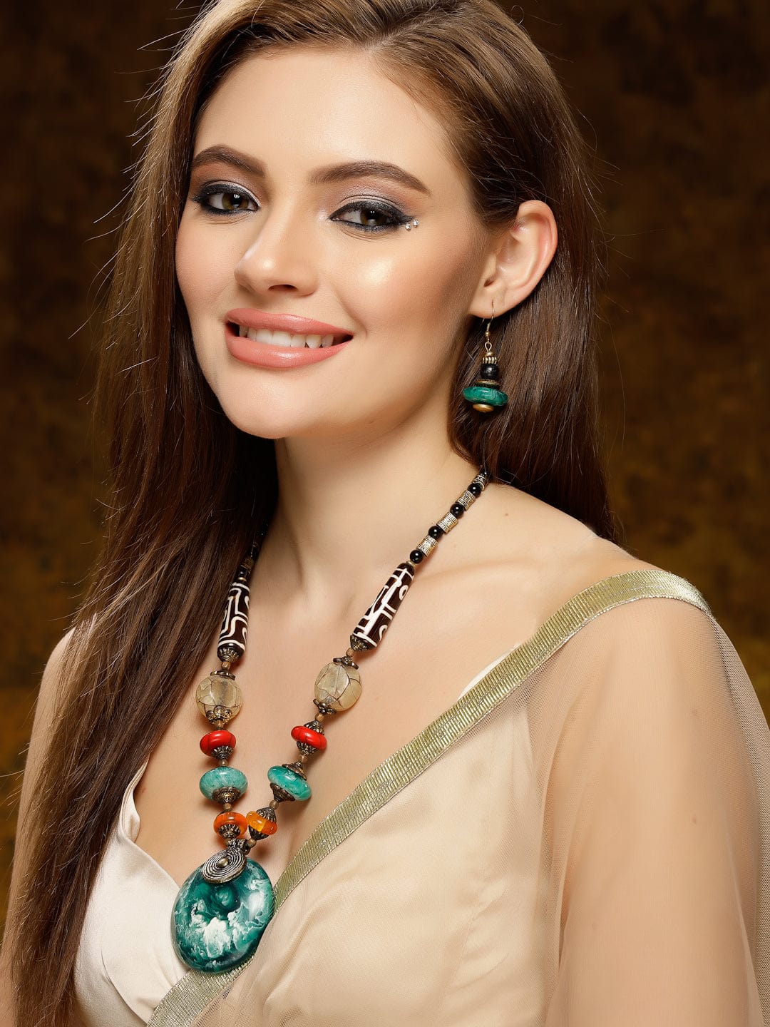 Enamel Work Bohemian Contemporary Design Oxidised Gold Plated Handcrafted Jewellery Set