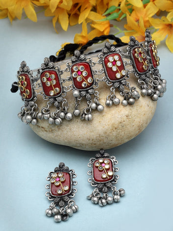 Crystals Studded Afghan Tribal Design Oxidised Silver Plated Handcrafted Jewellery Set