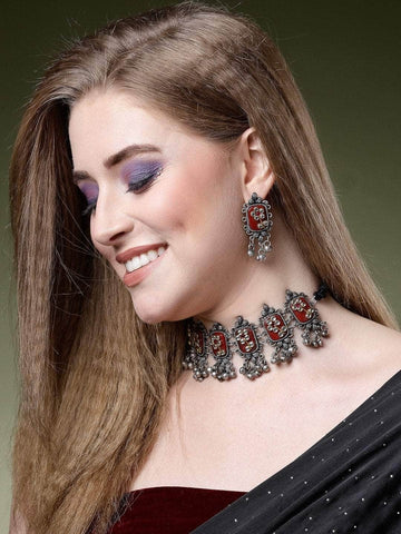 Crystals Studded Afghan Tribal Design Oxidised Silver Plated Handcrafted Jewellery Set