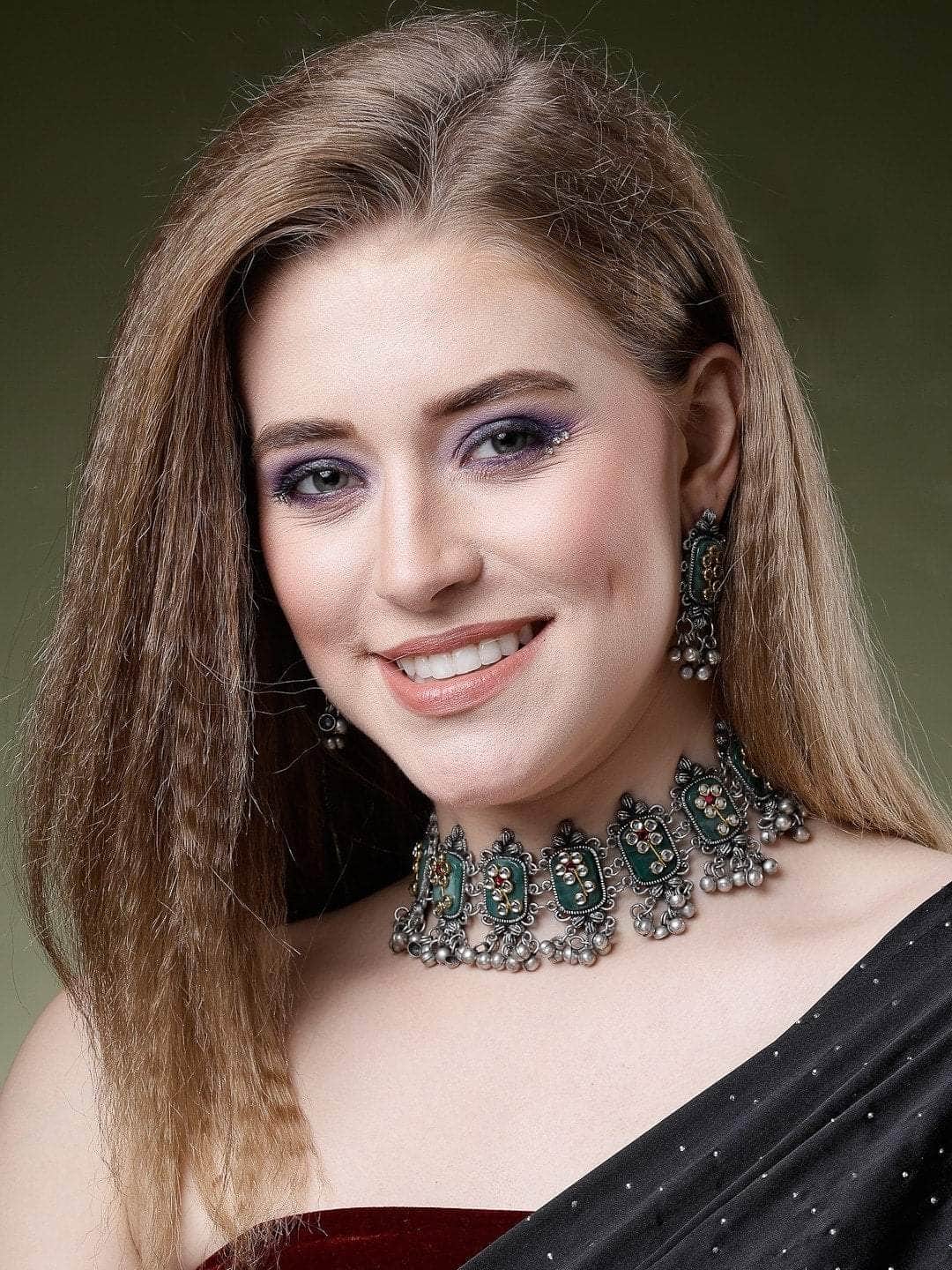 Crystals Studded Afghan Tribal Design Oxidised Silver Plated Handcrafted Jewellery Set