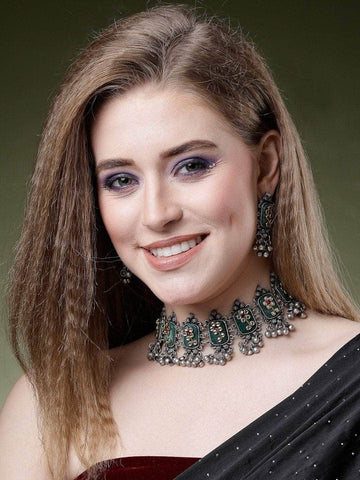 Crystals Studded Afghan Tribal Design Oxidised Silver Plated Handcrafted Jewellery Set