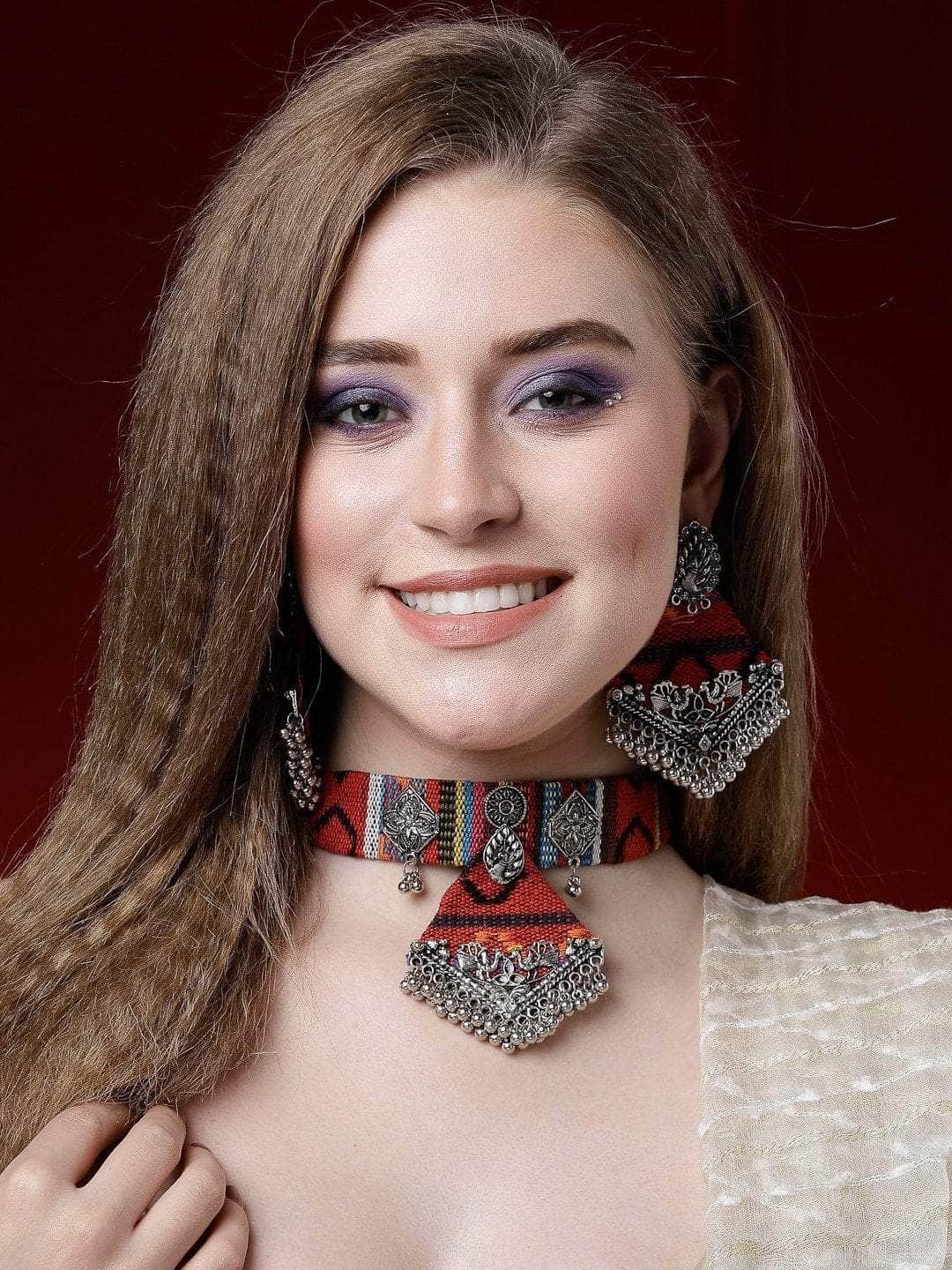 Handwoven Design Tribal Filigree Design Oxidised Silver Plated Afghan Jewellery Set
