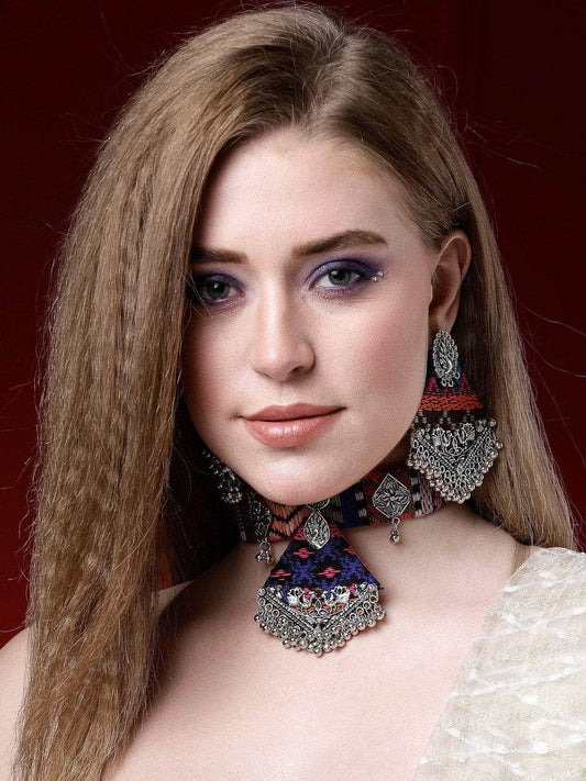 Handwoven Design Tribal Filigree Design Oxidised Silver Plated Afghan Jewellery Set