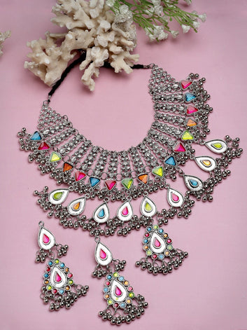 Meenakari Work Tribal Filigree Design Oxidised Silver Plated Handcrafted Jewellery Set