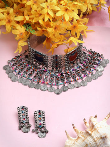Meenakari Work Afghan Tribal Design Oxidised Silver Plated Handcrafted Jewellery Set