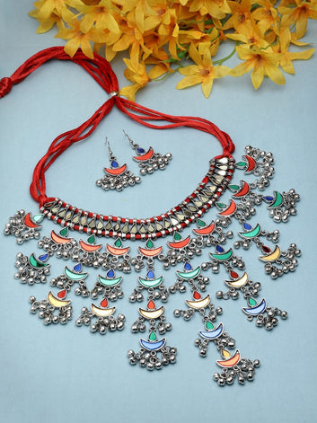 Mirror Studded Handcrafted Tasselled Design Oxidised Silver Plated Afghan Jewellery Set