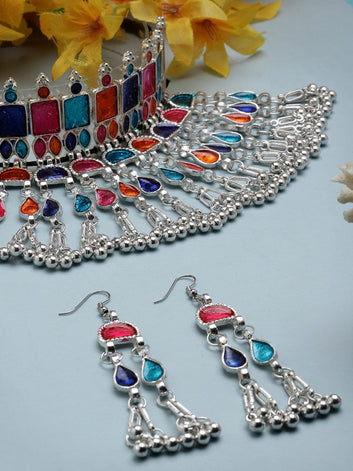 Meenakari Work Afghan Design Oxidised Silver Plated Handcrafted Tasselled Jewellery Set