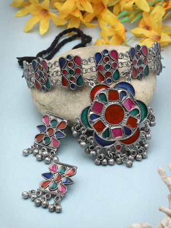Handpainted Meenakari Work Floral Filigree Design Oxidised Silver Plated Jewellery Set