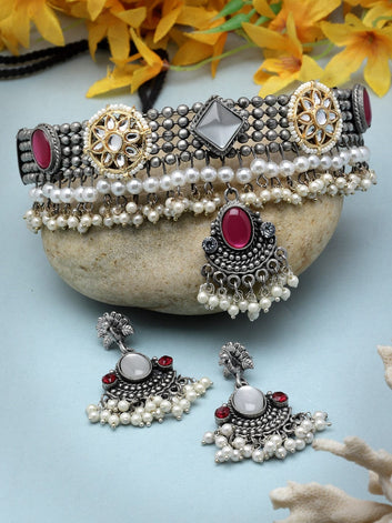 Stone & Pearls Studded Tasselled Filigree Design Silver Plated Handcrafted Jewellery Set