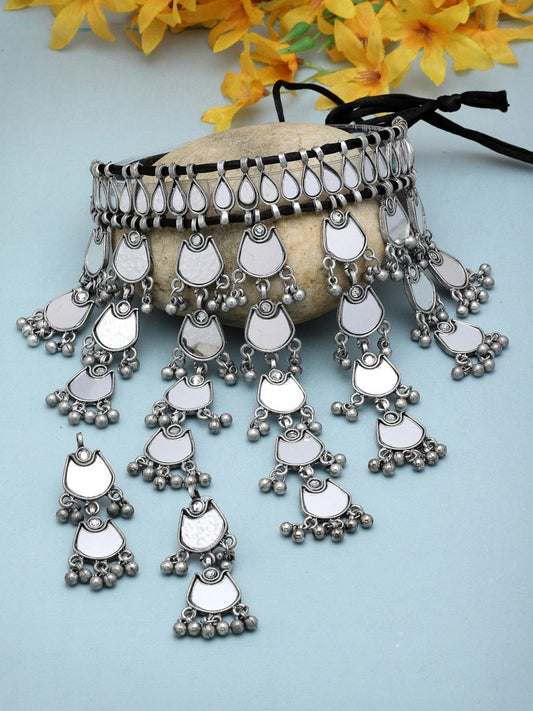 Mirrors & Ghungroo Studded Antique Tribal Design Oxidised Silver Plated Jewellery Set