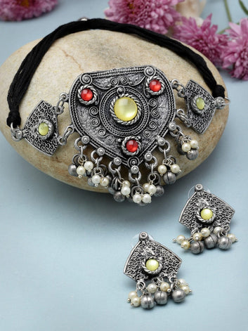 Stones & Pearls Studded Antique Design Oxidised Silver Plated Tribal Jewellery Set