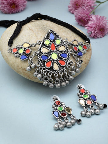 Mirrors & Ghungroo Studded Antique Design Oxidised Silver Plated Tribal Jewellery Set