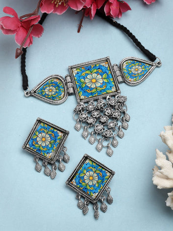 Handpainted Floral Meenakari Work Tasselled Filigree Design Silver Plated Jewellery Set
