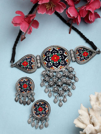 Handpainted Floral Meenakari Work Tasselled Filigree Design Silver Plated Jewellery Set