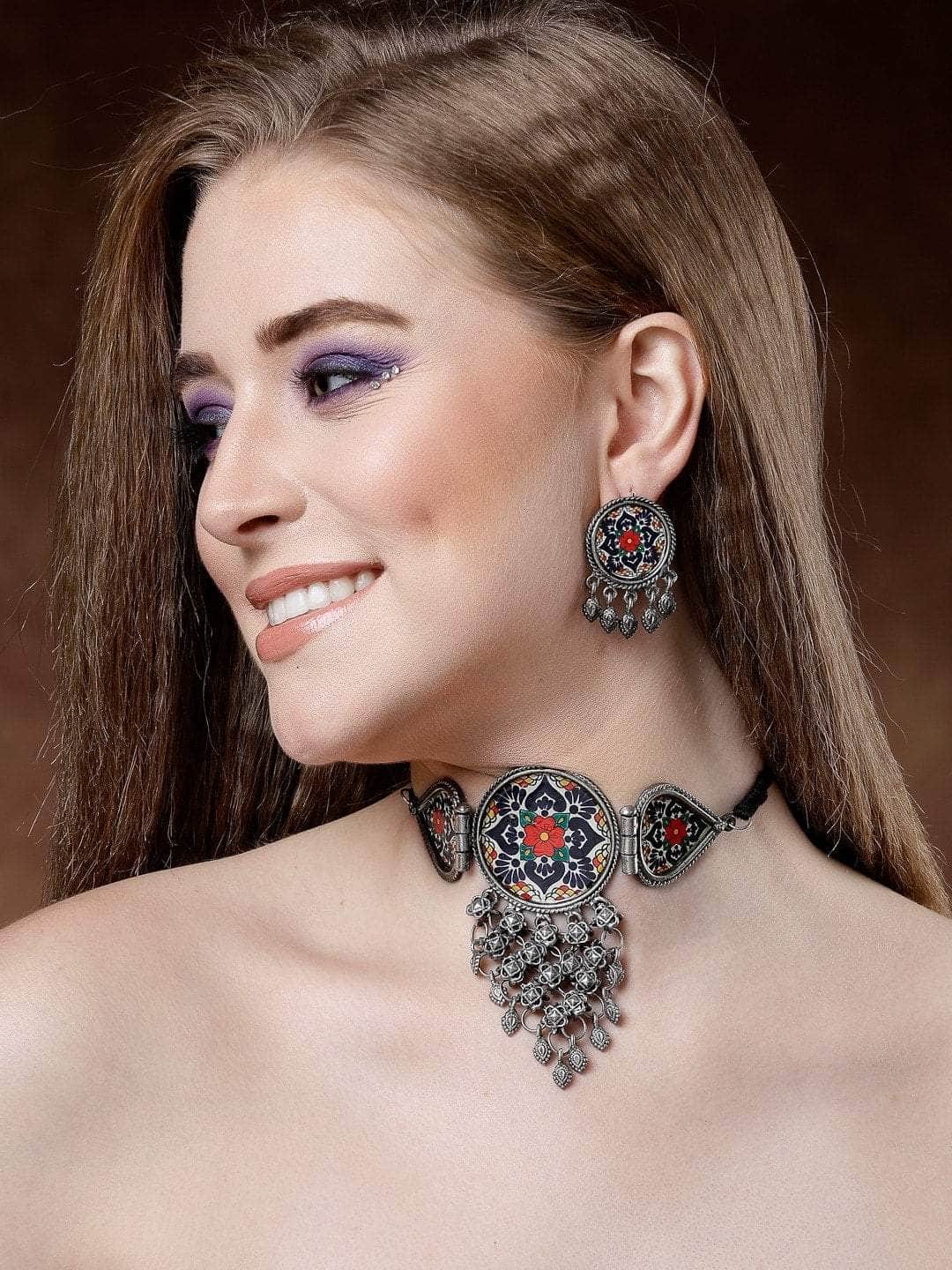 Handpainted Floral Meenakari Work Tasselled Filigree Design Silver Plated Jewellery Set