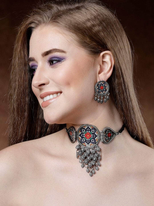 Handpainted Floral Meenakari Work Tasselled Filigree Design Silver Plated Jewellery Set