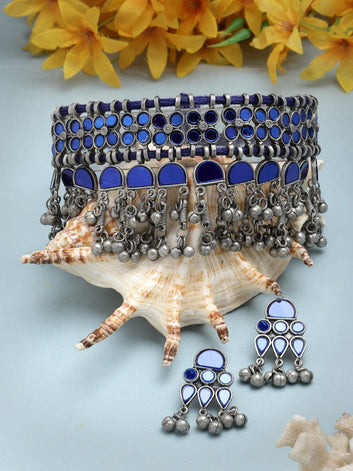 Blue Mirrors & Ghungroo Studded Tribal Tasselled Design Oxidised Silver Plated Jewellery Set