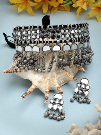 Mirrors & Ghungroo Studded Tribal Tasselled Design Oxidised Silver Plated Jewellery Set