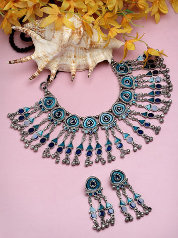 Handcrafted Blue Meenakari Work Tasselled Design Silver Plated Antique Tribal Jewellery Set