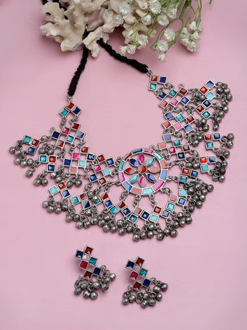 Handcrafted Multi Color Meenakari Work Filigree Design Silver Plated Antique Tribal Jewellery Set