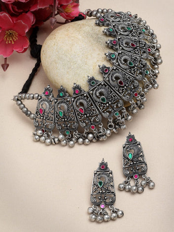 Pink & Green Stones Studded Peacock Design Saujanya Jewellery Set
