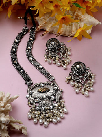 Stones & Pearls Studded Antique Design Silver Plated Handcrafted Tribal Jewellery Set