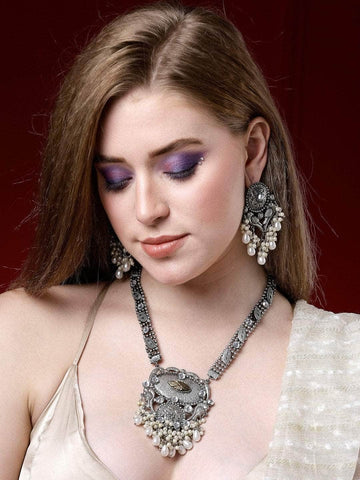 Stones & Pearls Studded Antique Design Silver Plated Handcrafted Tribal Jewellery Set