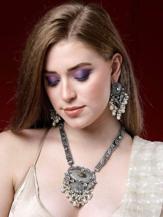 Stones & Pearls Studded Antique Design Silver Plated Handcrafted Tribal Jewellery Set