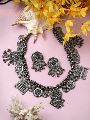 Ghungroo Studded Antique Tribal Design Silver Plated Jewellery Set