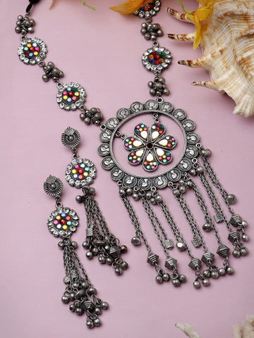 Mirrors & Stone Studded Antique Tasselled Design Silver Plated Jewellery Set