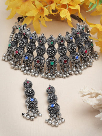 Stone Studded Antique Tribal Design Silver Plated Filigree Jewellery Set