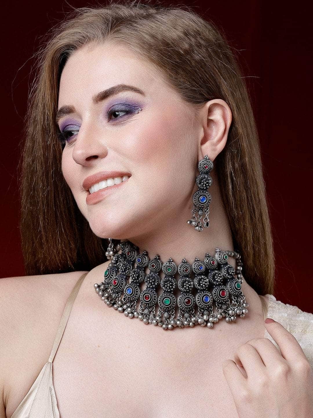 Stone Studded Antique Tribal Design Silver Plated Filigree Jewellery Set