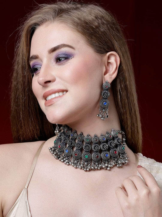 Stone Studded Antique Tribal Design Silver Plated Filigree Jewellery Set