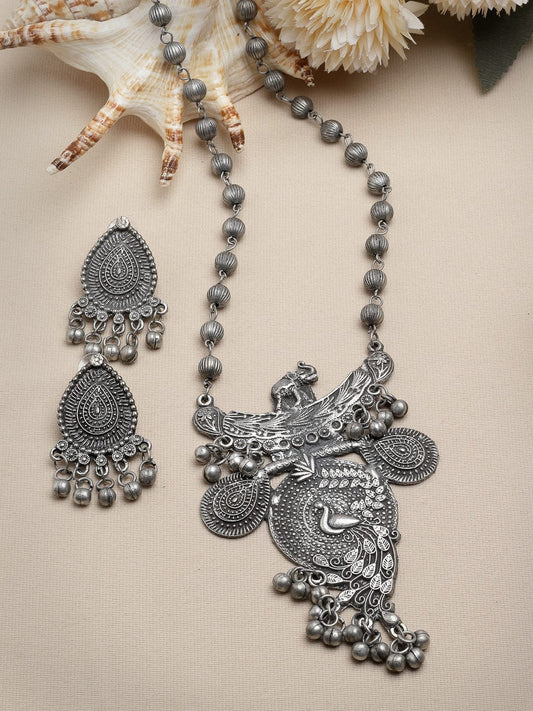 Ghungroo Studded Filigree Work Oxidised Silver Plated Antique Jewellery Set