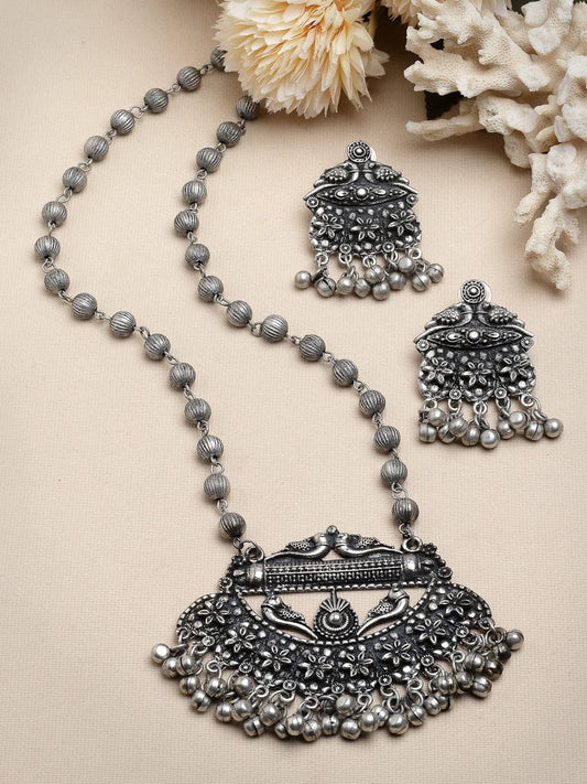 Ghungroo Studded Filigree Work Silver Plated Antique Jewellery Set