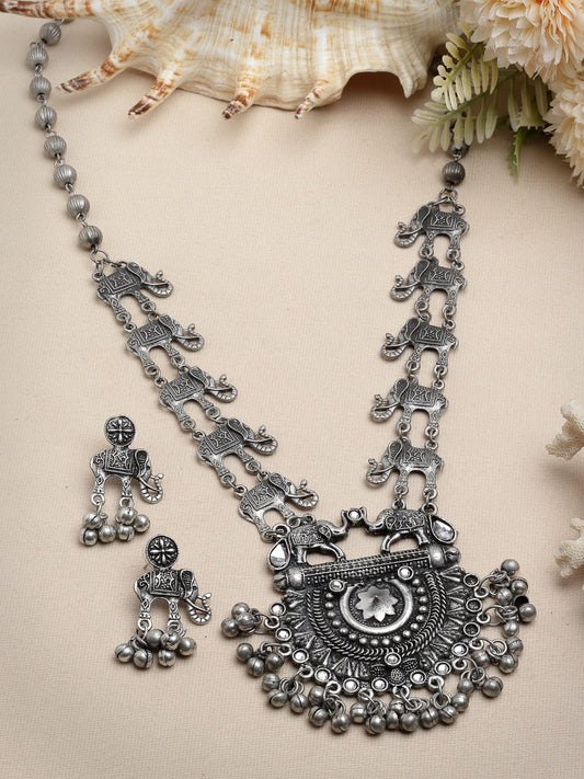 Ghungroo Studded Antique Design Oxidised Silver Plated Filigree Jewellery Set