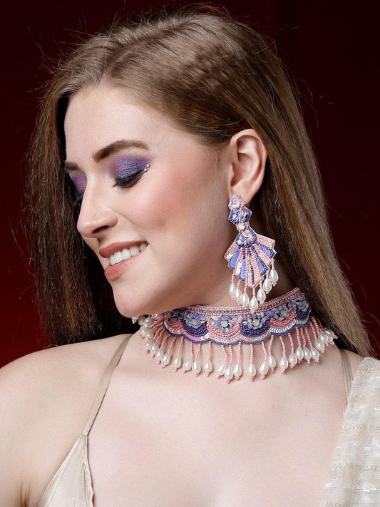 Handcrafted Haldi-Mehendi Design Pearls Studded Contemporary Jewellery Set