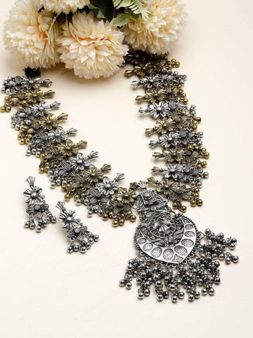 Antique Floral Design Oxidised Silver Plated Handcrafted Jewellery Set