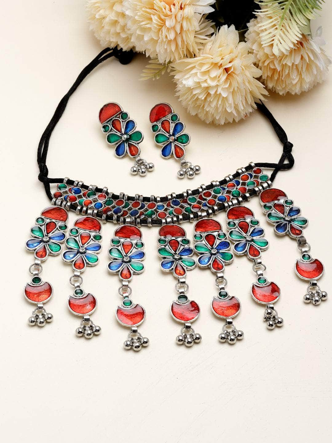 Handcrafted Meenakari Work Floral Tasselled Design Oxidised Silver Plated Jewellery Set