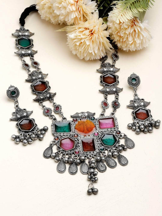 Handcrafted Meenakari Work Antique Afghan Design Oxidised Silver Plated Jewellery Set