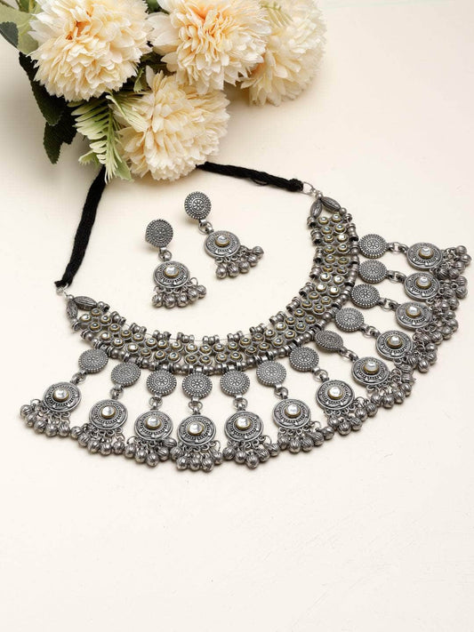 Stone Studded Antique Tasselled Design Oxidised Silver Plated Handcrafted Jewellery Set