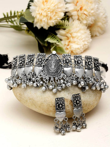 Ghungroo Studded Antique Filigree Design Oxidised Silver Plated Jewellery Set