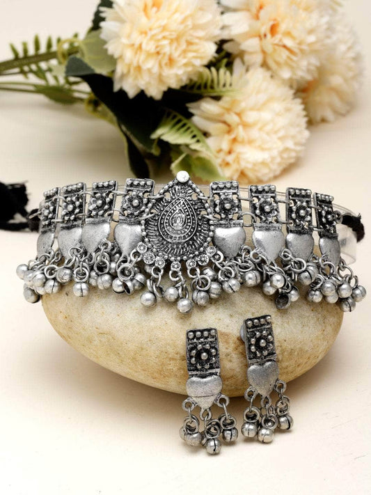 Ghungroo Studded Antique Filigree Design Oxidised Silver Plated Jewellery Set