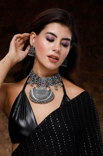 Stone & Ghungru-Studded Antique Oxidised Choker Jewellery Set