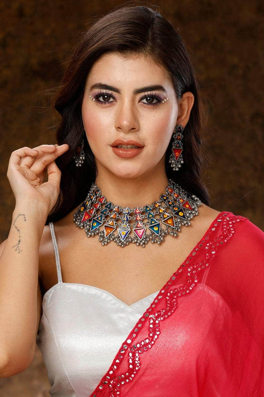 Handcrafted Meenakari Work Tasselled Design Oxidised Silver Plated ChokerJewellery Set