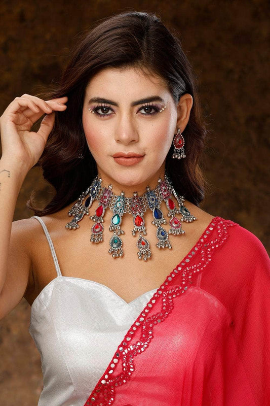 Multi Colored Handcrafted Meenakari Work Afghan Tasselled Design Oxidised Choker Jewellery Set