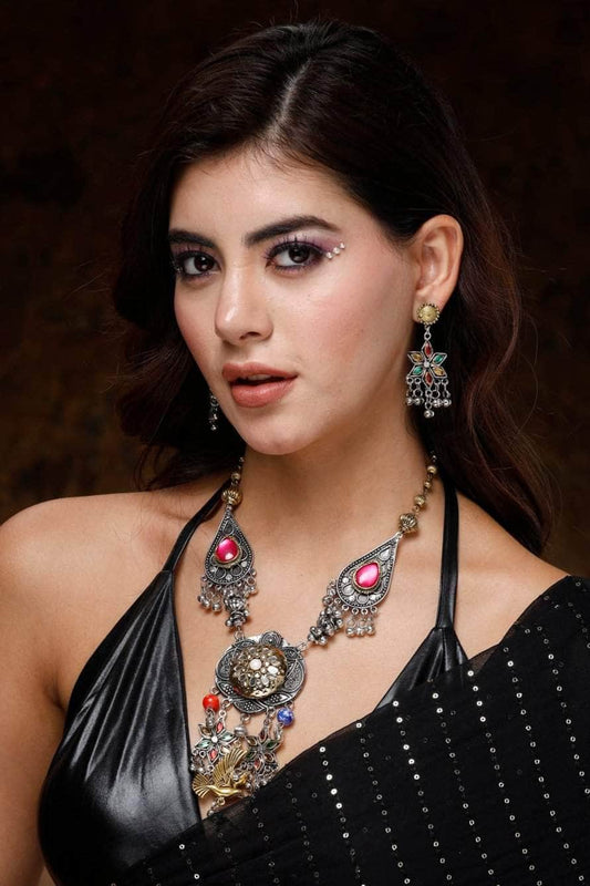 Dual Tone Handcrafted Stone Studded Afghan Oxidised Jewellery Set