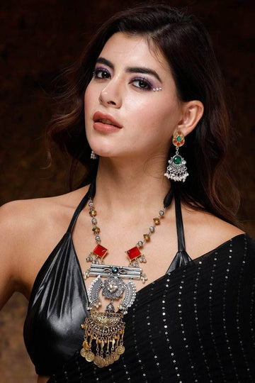 Dual Tone Handcrafted Stone Detailing Afghan Oxidised Jewellery Set