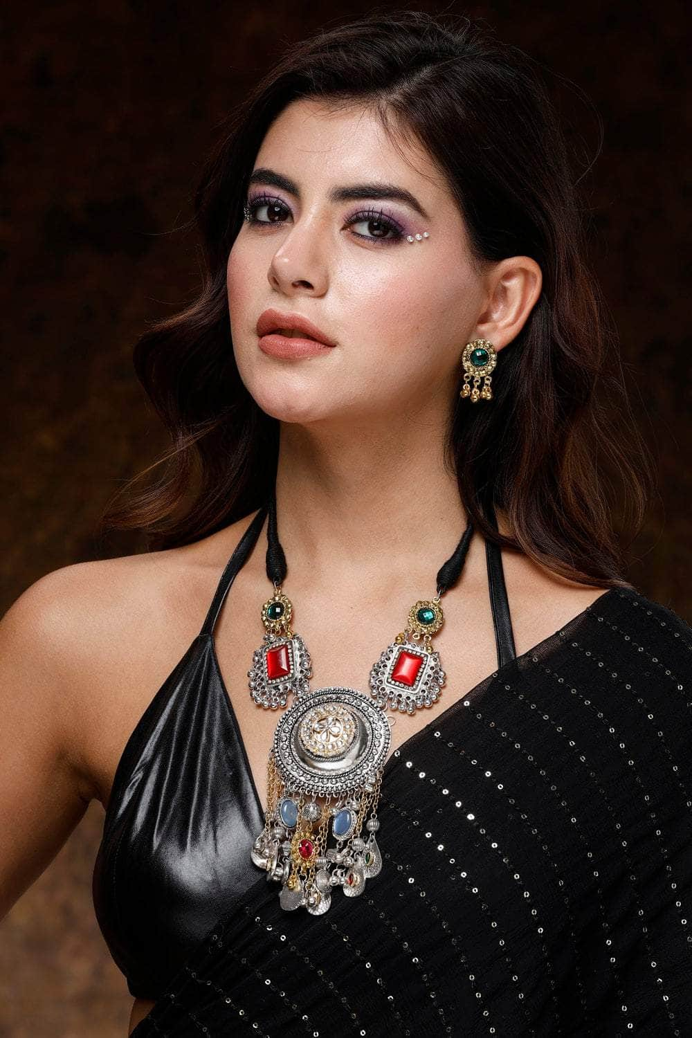 Dual Tone Handcrafted Stone Detailing Afghan Oxidised Jewellery Set