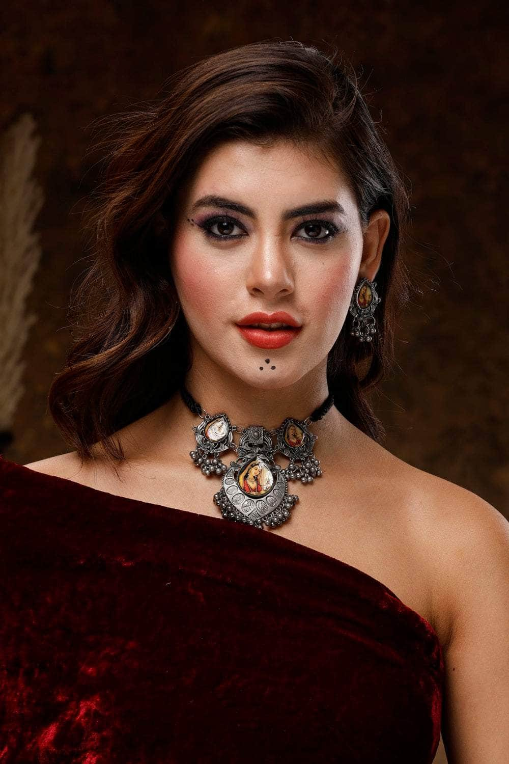 Handcrafted Meenakari Work Afghan Antique Design Oxidised Silver Plated Choker Jewellery Set